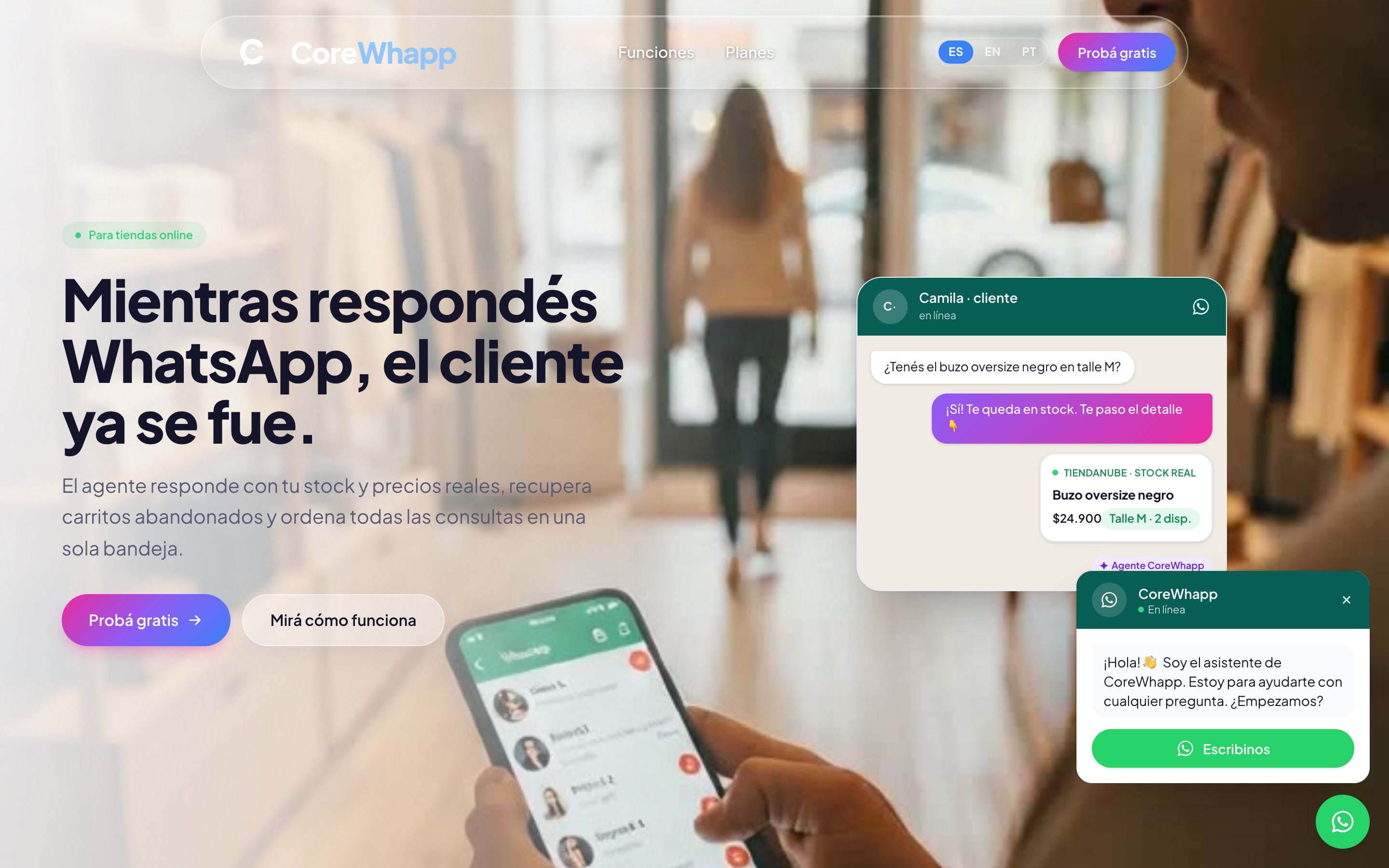 Landing de CoreWhapp para tiendas online, diseñada y construida por Webio.