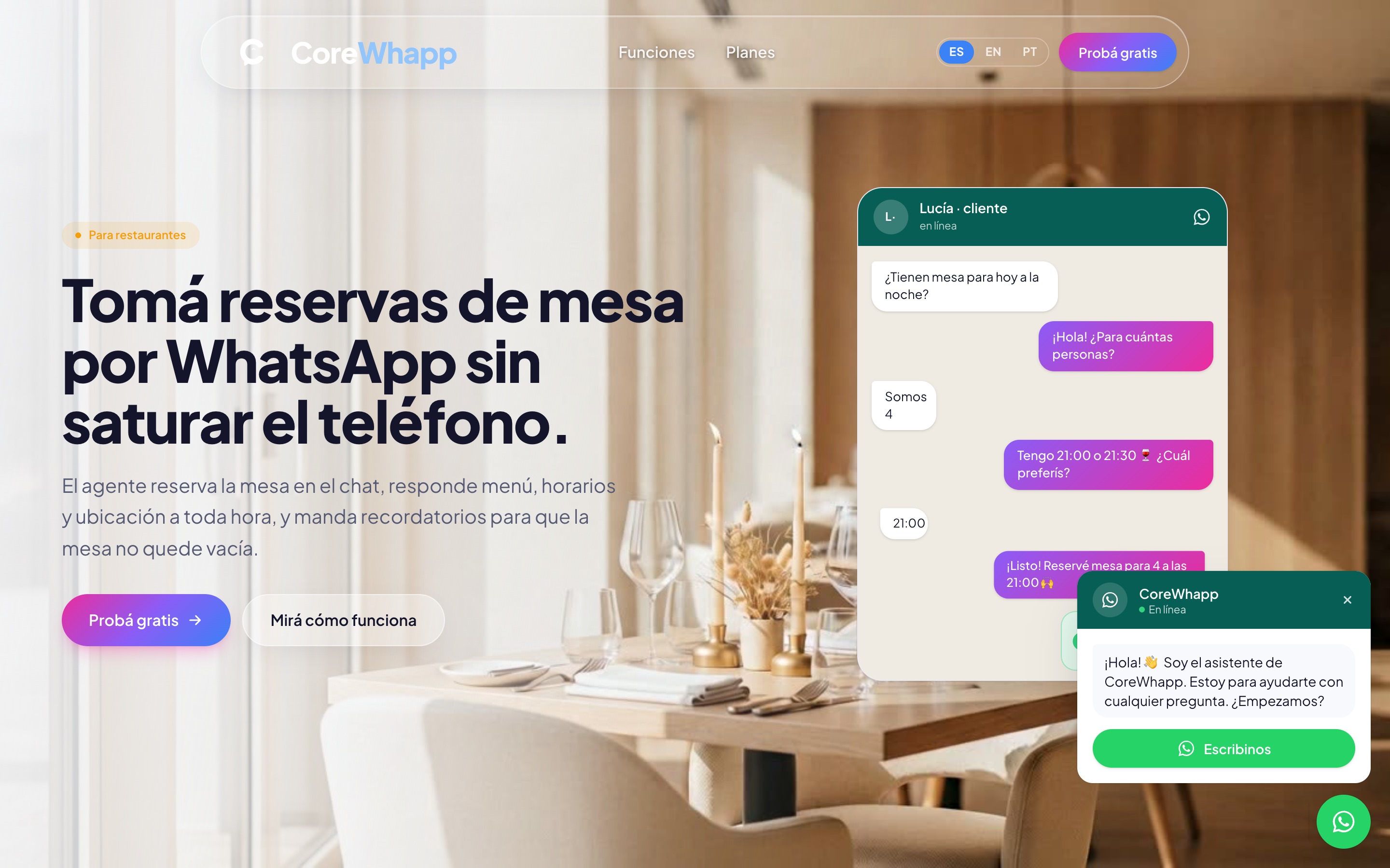 Landing de CoreWhapp para restaurantes, diseñada y construida por Webio.
